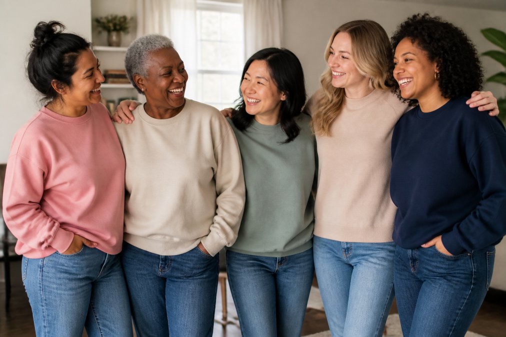 Group of diverse women gathered together wearing different faith-inspired sweatshirts in various colors, smiling and standing close in a warm, community-focused setting