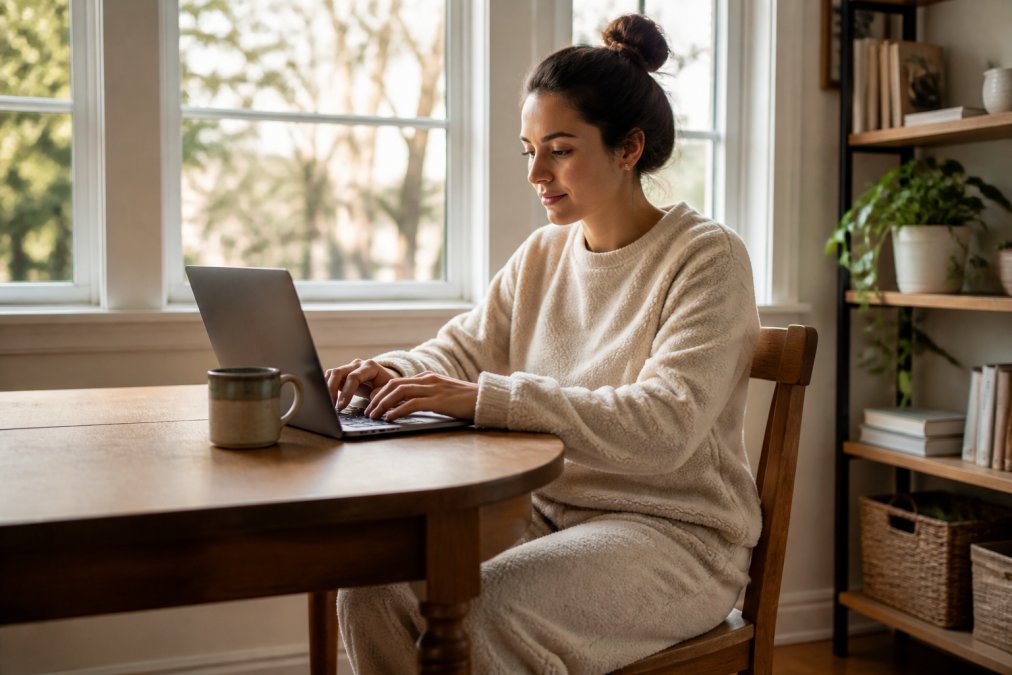 A woman sitting at a wooden home desk in a soft matching fleece loungewear set, laptop open, ceramic coffee mug beside her, warm natural light streaming through a window behind her