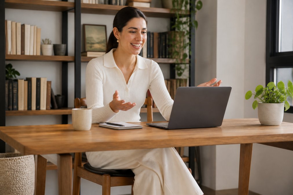 A woman on a video call at home, wearing a polished ribbed knit top and relaxed wide-leg pants, sitting at a tidy wooden desk in a well-lit home office with a bookshelf in the background