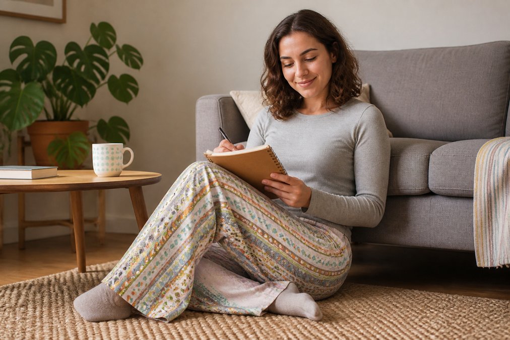 Close-up of a matching loungewear set in soft neutral tones, displaying the quality fabric texture and polished seaming, arranged on a neutral background to show both the structured top and wide-leg pants together