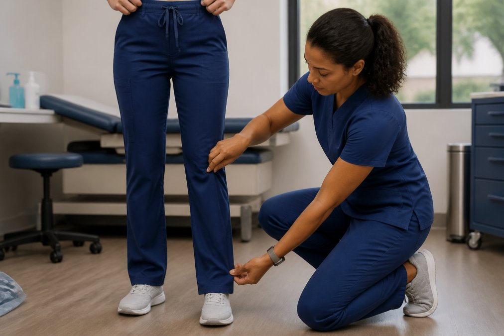 Healthcare professional checking fit of scrub pants at waistband and leg opening, demonstrating proper tailoring and comfort positioning in clinical setting