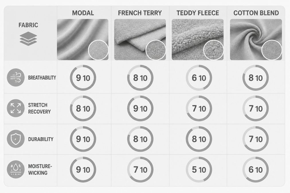 Comparison matrix of loungewear fabrics showing Modal, French Terry, Teddy Fleece, and Cotton Blend with ratings for breathability (Modal 9/10, French Terry 8/10, Teddy Fleece 6/10, Cotton Blend 8/10), stretch recovery (Modal 8/10, French Terry 9/10, Teddy Fleece 7/10, Cotton Blend 7/10), durability (Modal 9/10, French Terry 8/10, Teddy Fleece 8/10, Cotton Blend 7/10), and moisture-wicking (Modal 9/10, French Terry 7/10, Teddy Fleece 5/10, Cotton Blend 6/10)