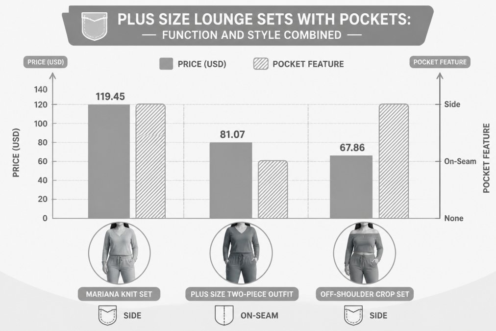 Bar chart comparing pricing and pocket features for top comfortable plus size lounge sets: Mariana Knit Set $119.45 with side pockets, Plus Size Two-Piece Outfit $81.07 with on-seam pockets, Off-Shoulder Crop Set $67.86 with side pockets