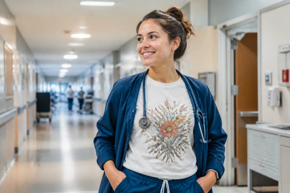 A nurse wearing a soft cotton graphic tee under an open scrub jacket, standing in a bright hospital hallway, smiling confidently
