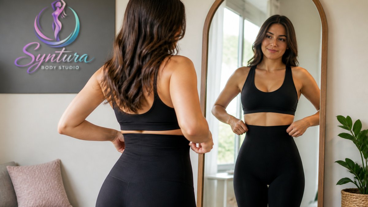 Woman adjusting shapewear at her waist while looking in a mirror, checking fit and comfort with a natural, confident expression