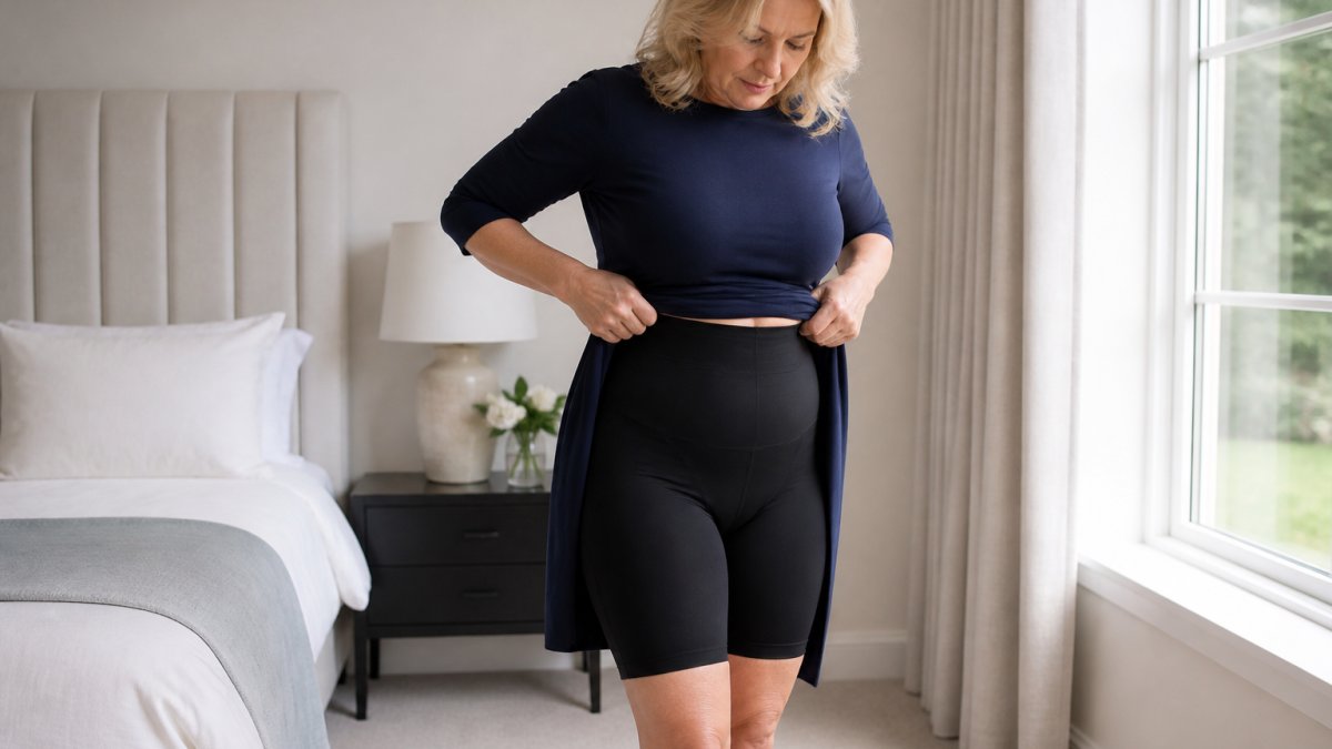 A woman in her fifties standing in a bright bedroom adjusting the high waistband of black firm-control shapewear shorts under a fitted navy dress