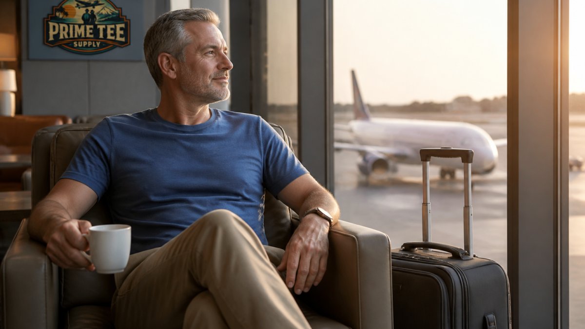 A traveler in their 50s relaxing in an airport lounge chair, wearing a soft cotton t-shirt, a carry-on bag beside them and a plane visible through the window in soft afternoon light