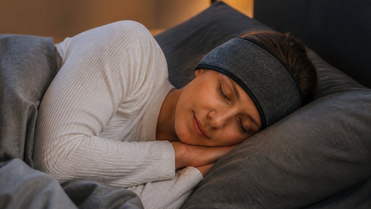 A person lying comfortably on their side in bed wearing a soft fabric sleep headband with flat speakers, eyes closed, dim warm bedroom lighting, calm and restful scene