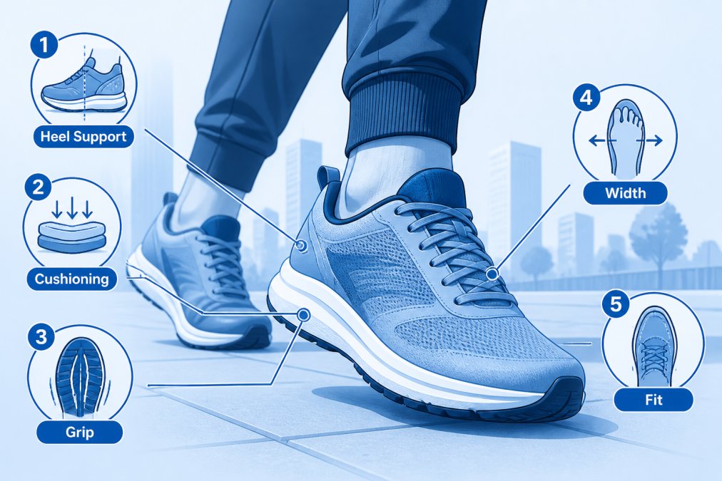 Close-up of person's feet wearing comfortable walking sneakers on urban sidewalk, showing shoe cushioning and fit during active walking stride with natural daylight