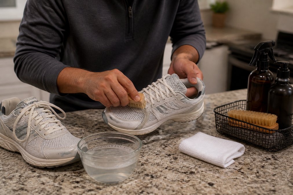 Person carefully cleaning walking sneakers with soft brush and cloth, demonstrating proper maintenance technique on kitchen counter with organized cleaning supplies nearby