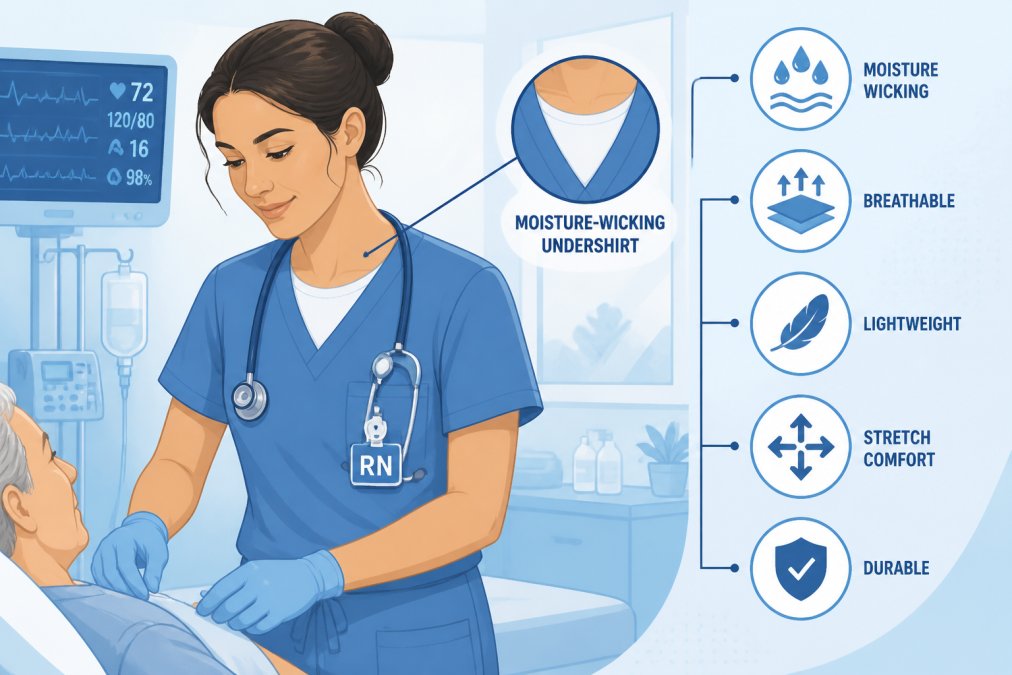 Nurse in full scrubs with a moisture-wicking undershirt visible at the neckline, actively engaged in patient care in a bright hospital room, showing comfort and focus during a shift