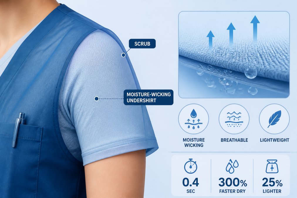 Close-up of a nurse's shoulder and upper arm showing a fitted, breathable undershirt beneath transparent scrub material, highlighting the fabric's smooth texture and moisture-wicking properties in clinical lighting