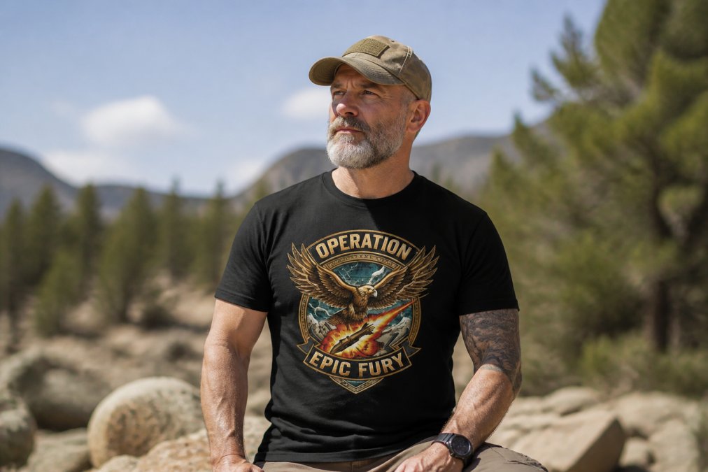 Veteran wearing Operation Epic Fury tactical graphic tee outdoors during daytime, showing the vintage eagle patch graphic and comfortable fit in natural sunlight
