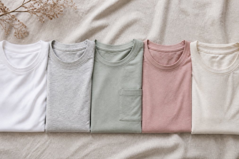 A flat-lay photo of five folded women's t-shirts in neutral and muted colors (white, heather gray, sage, dusty pink) on a clean linen surface, showing different fabric textures and weights