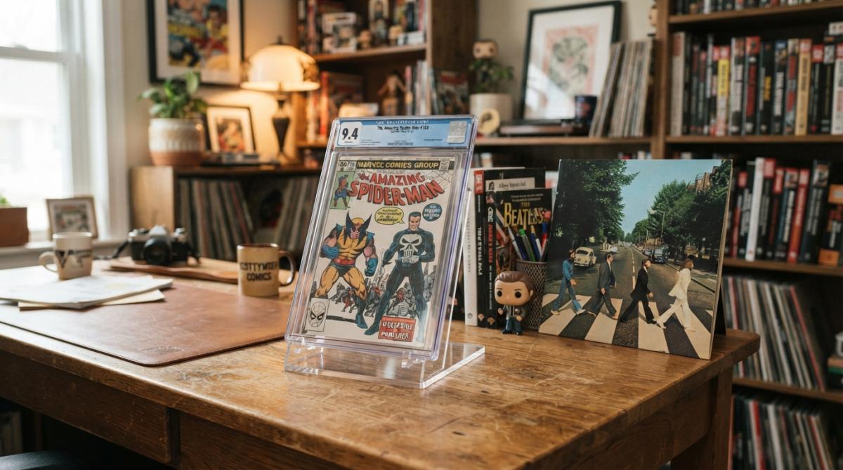 A close-up photo of a clear acrylic display stand holding a graded comic book slab on a wooden desk, with a record album leaning nearby in a cozy home office setting