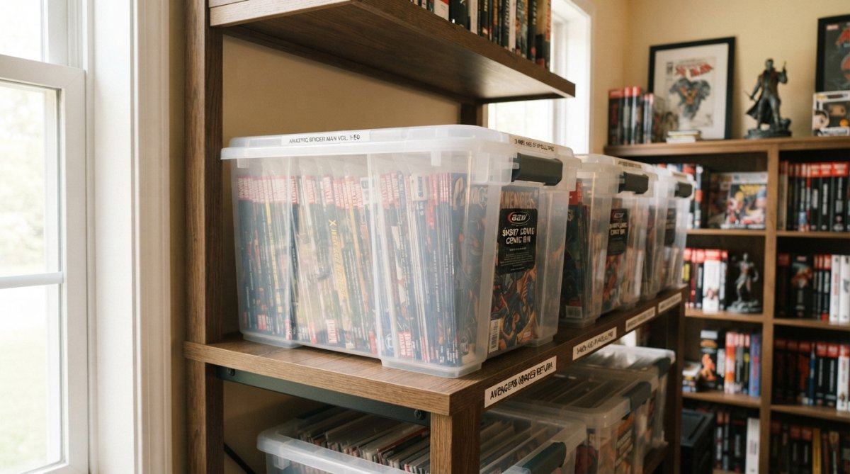 A neat stack of clear plastic BCW Short Comic Bins filled with colorful comics on a sturdy shelf in a bright home library, natural window light casting soft shadows