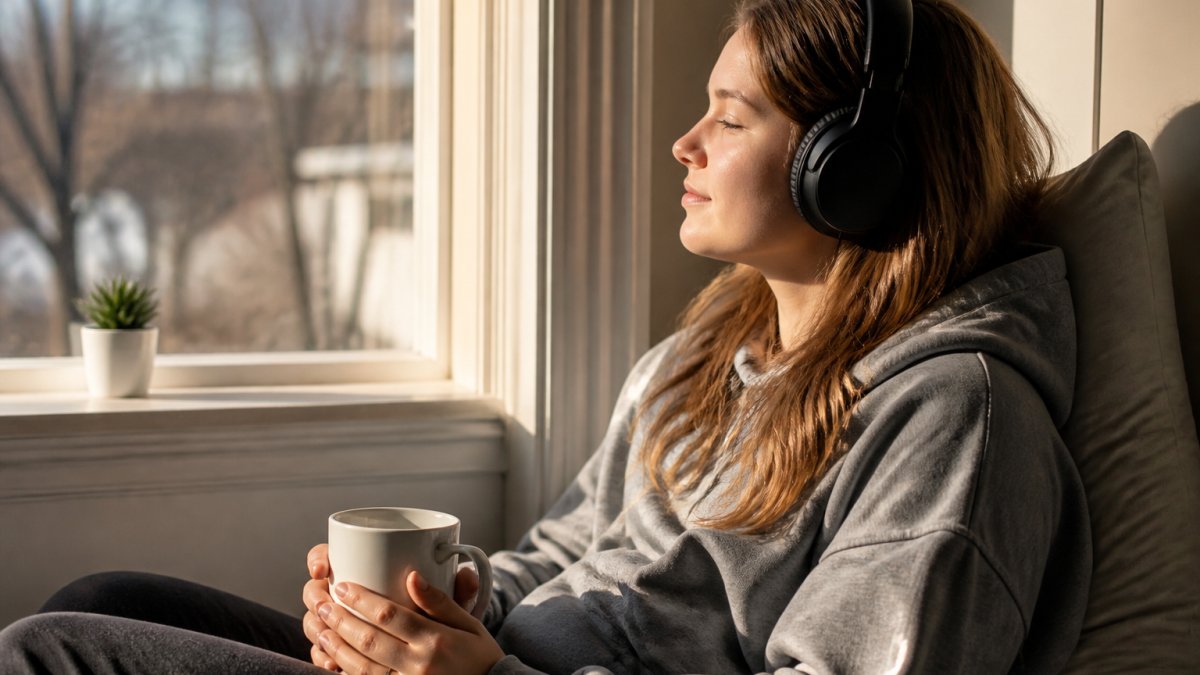 Person listening intently to an audiobook through wireless headphones during a quiet morning, natural sunlight streaming through a window, with a warm beverage nearby suggesting a moment of peaceful reflection