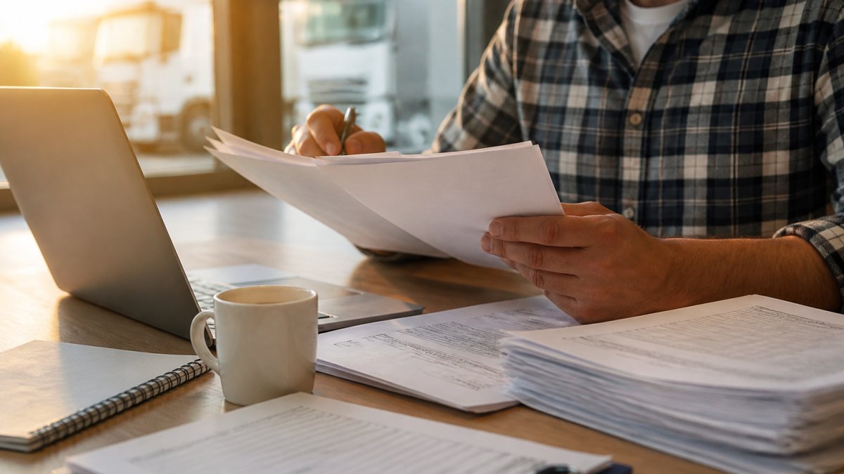 A commercial truck driver in a plaid shirt reviewing insurance paperwork at a desk beside a laptop and a cup of coffee, focused expression, bright office window light