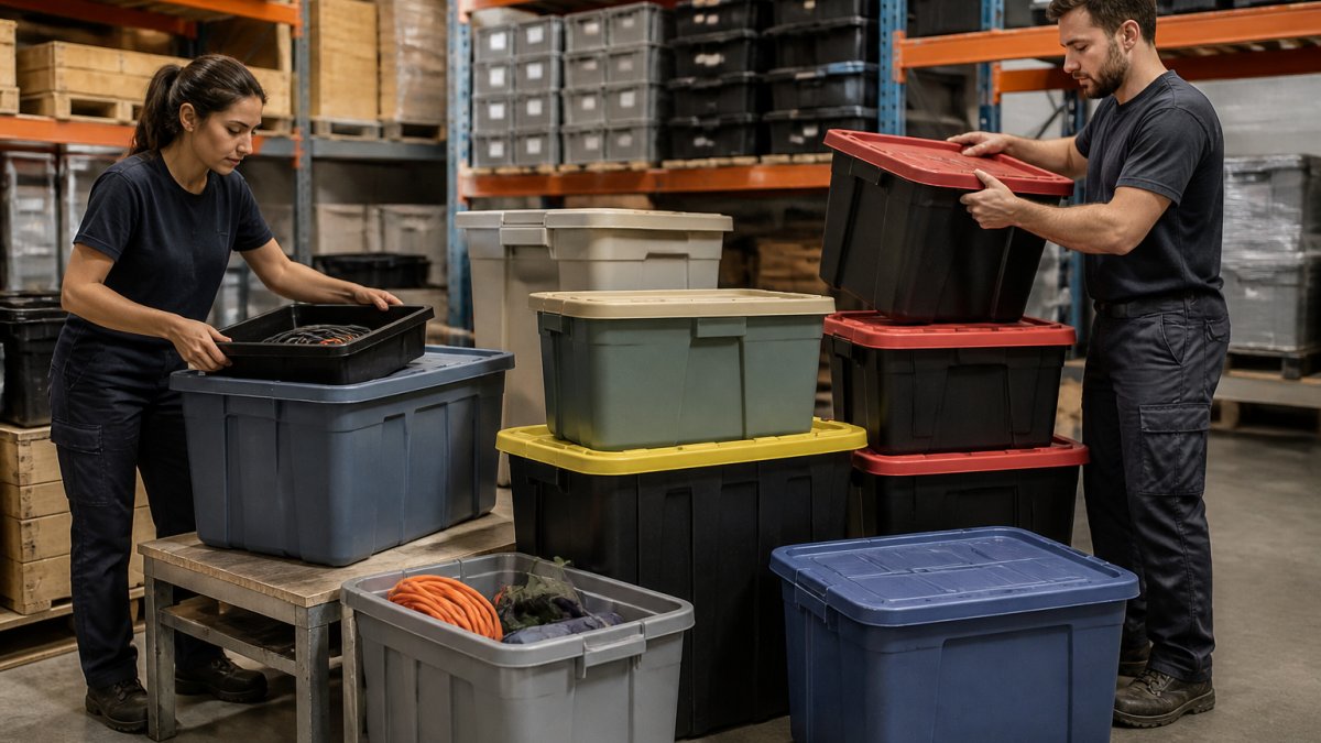 Infographic comparing the capacity and load-bearing limits of commercial grade durable storage totes in a warehouse.