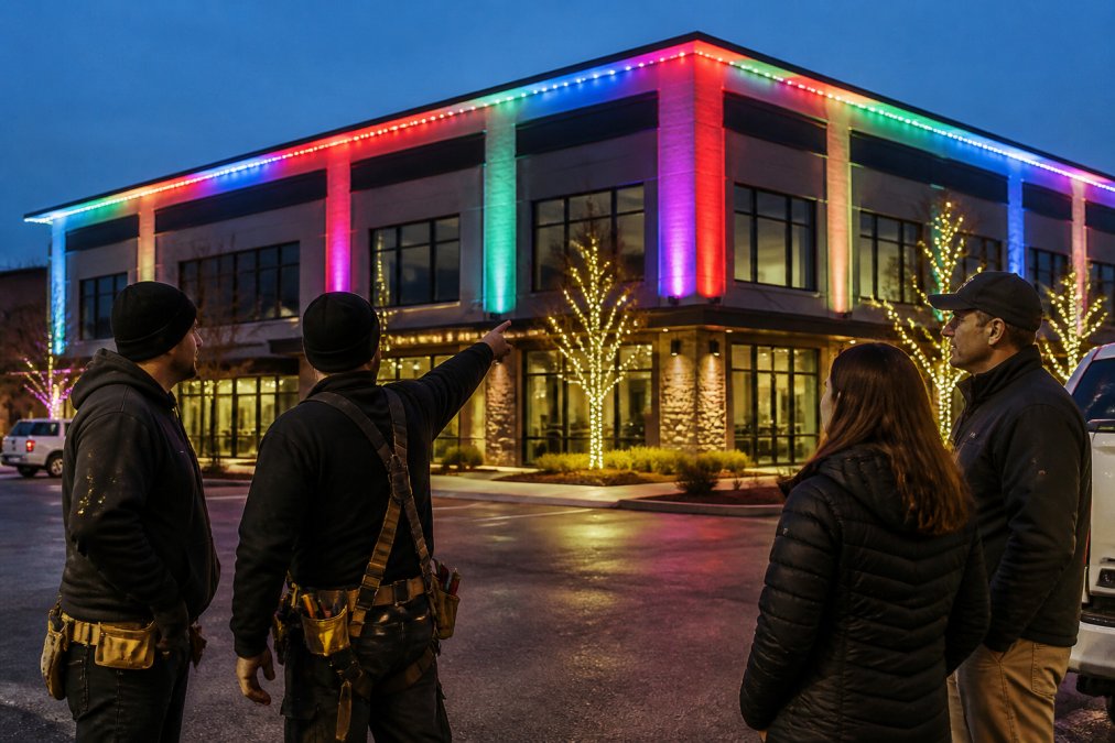 A large commercial building at dusk with vibrant RGB color-changing LED lights outlining the roofline and windows, creating a festive and modern holiday display