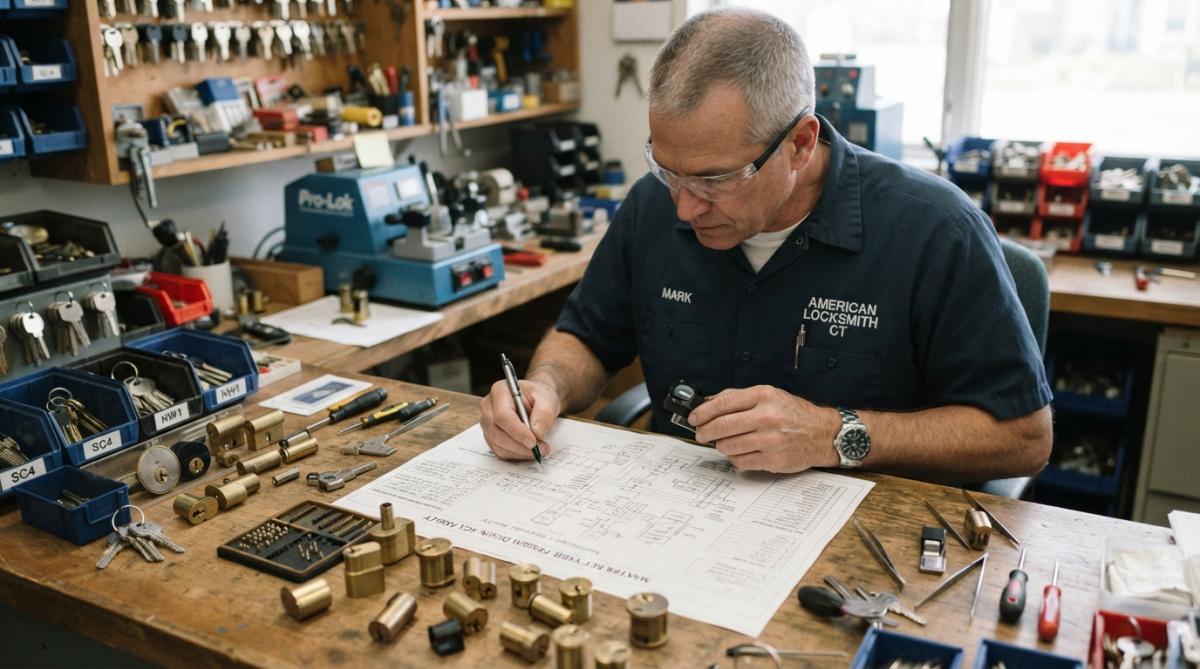 Professional locksmith examining master key system design documentation and keying chart on desk with lock cylinders and key blanks