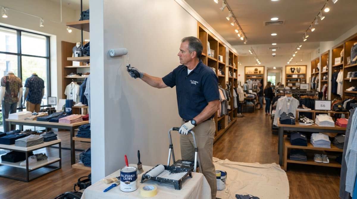 A professional painter in a clean uniform applying paint to the interior wall of a bright retail store, with retail shelving and products visible in the background