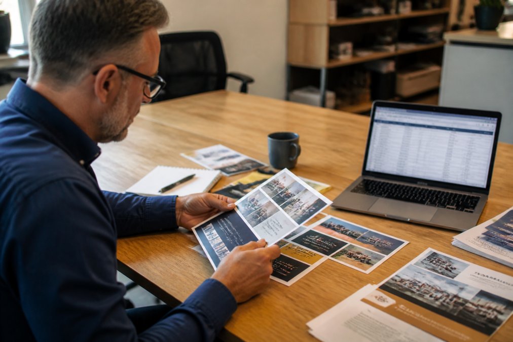 Procurement manager comparing commercial printing vendors using a digital spreadsheet and physical samples