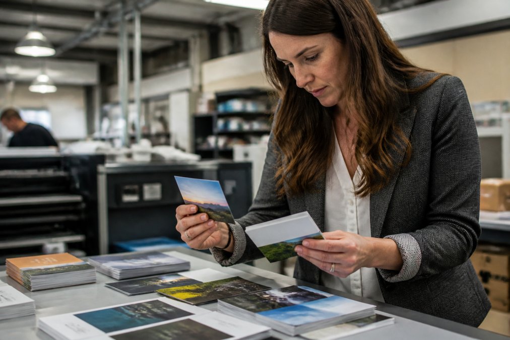 A marketing manager inspecting a stack of freshly printed business cards and brochures under bright office lighting, checking color quality and paper texture