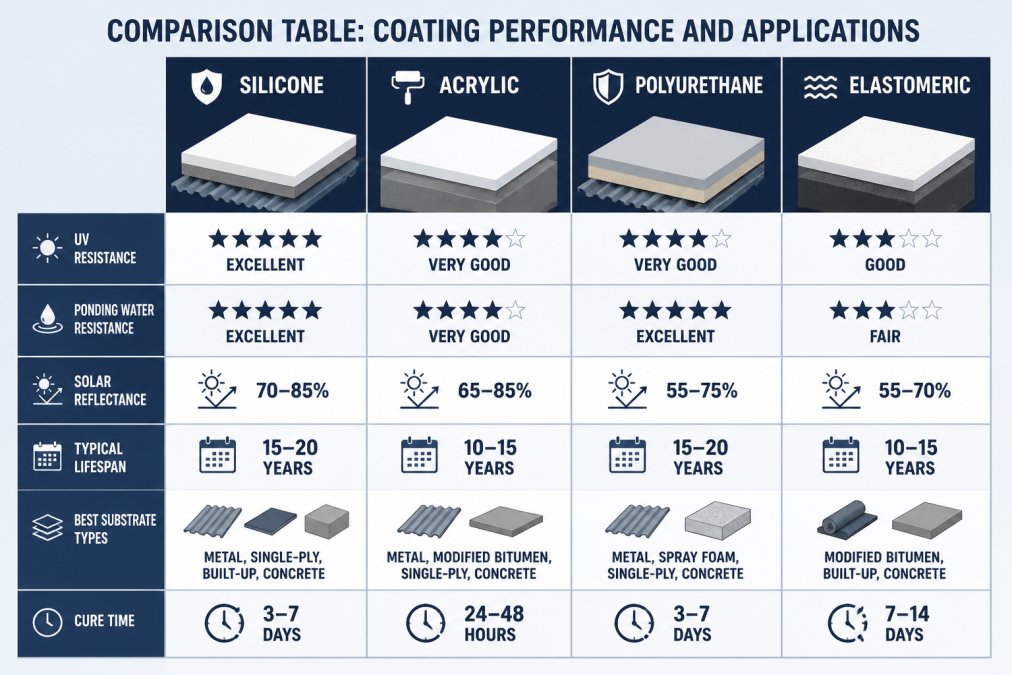 Comparison matrix showing silicone, acrylic, polyurethane, and elastomeric coatings with rows for UV resistance (rated Excellent/Very Good/Good), ponding water resistance (Excellent/Very Good/Fair), solar reflectance percentages (55-85%), typical lifespan (10-20 years), best substrate types, and cure time (24 hours to 14 days)