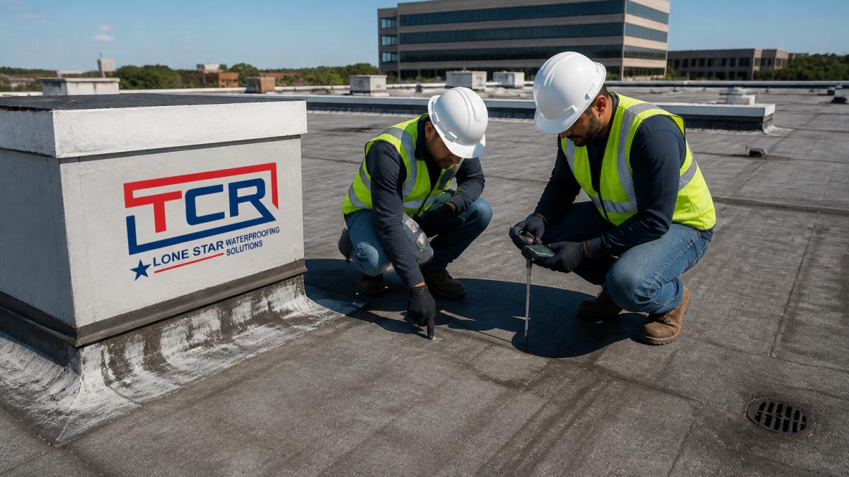 Professional roofing crew in safety gear performing inspection and maintenance on a flat commercial roof, examining surfaces and taking measurements with precision instruments