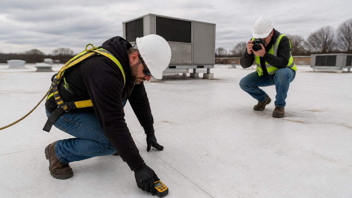 Technicians using a moisture meter to inspect a TPO roof seam for commercial roofing waterproofing needs