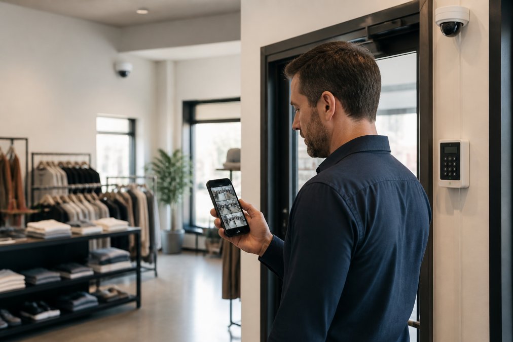 Business owner reviewing real-time security alerts on mobile app while standing in retail store with visible CCTV cameras mounted in corners and modern access control keypad by entrance