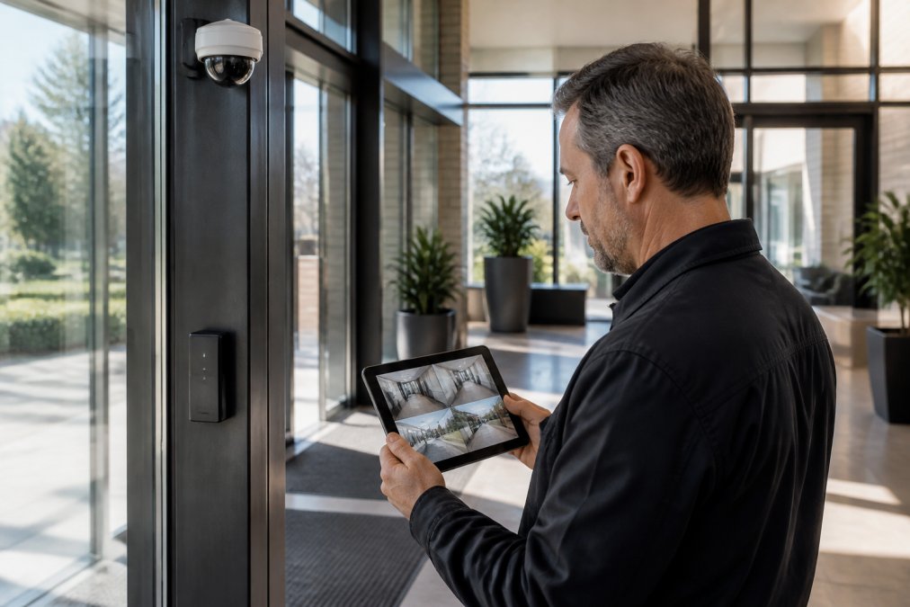 A facility manager in a modern office lobby reviewing security camera feeds on a tablet, standing near a glass entrance with a card reader access control system under bright natural light