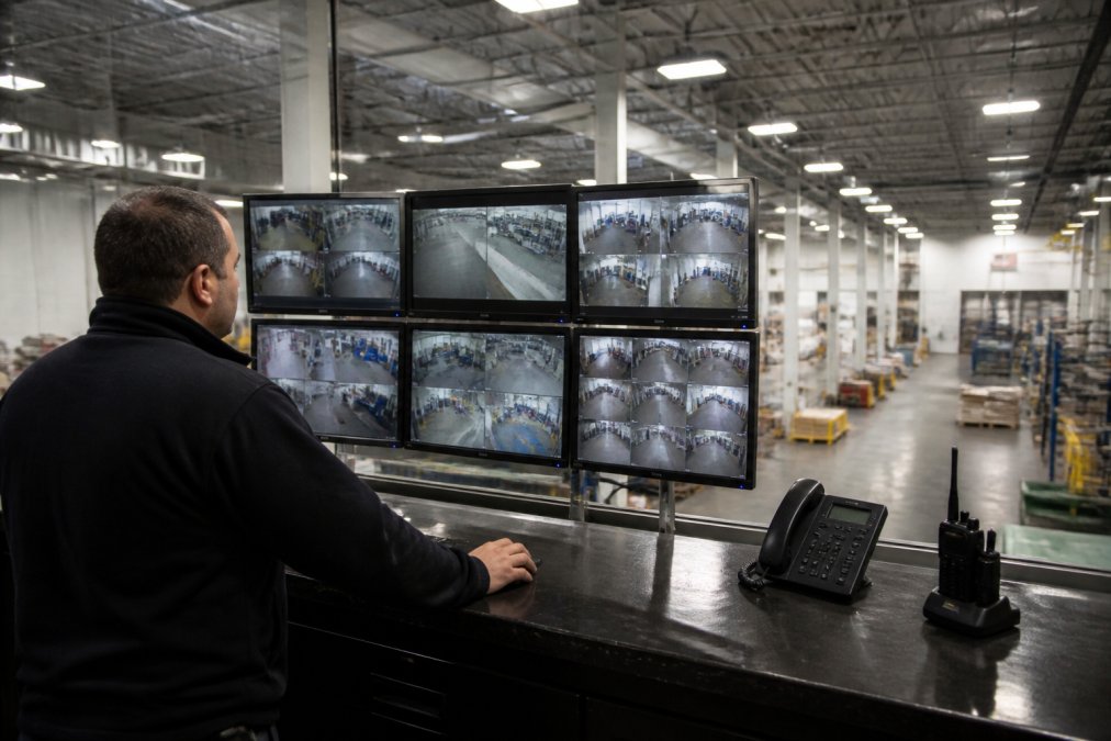 Facility manager reviewing a commercial security system control panel with live video surveillance feeds