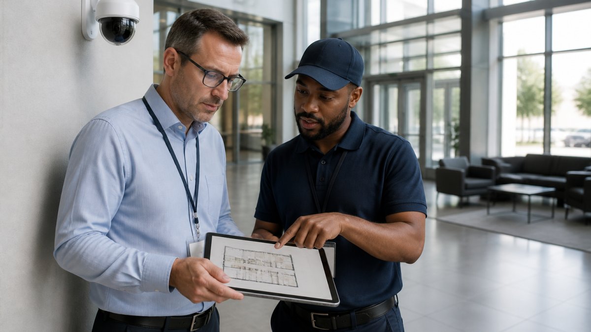 A facility manager and security technician reviewing a building floor plan on a tablet inside a modern commercial office lobby, wall-mounted camera visible in the background, natural daylight