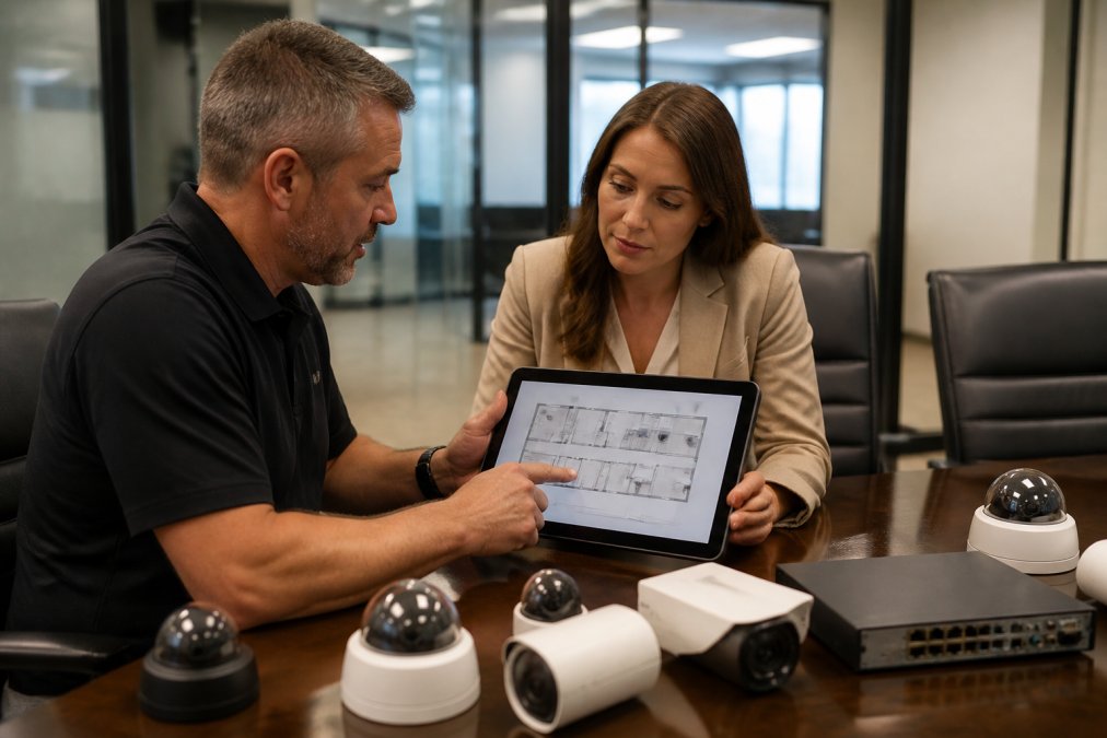 A security consultant and a business owner reviewing a tablet with a building floor plan and camera placement markers in a modern office conference room