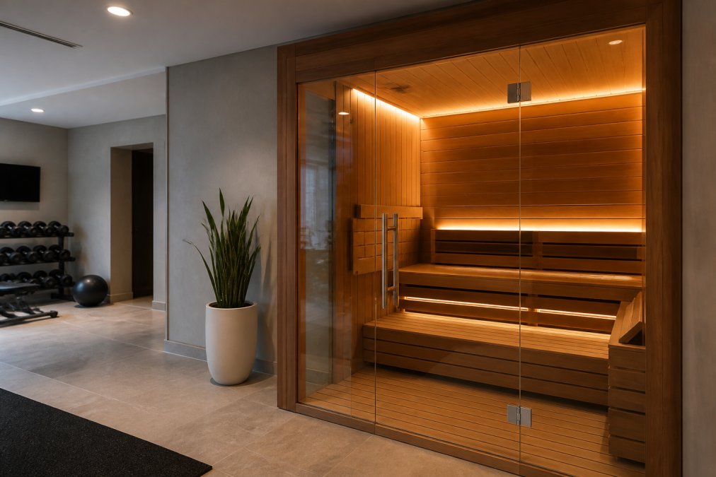 Modern wellness facility interior showing sleek sauna cabin with glass door, warm lighting creating inviting atmosphere, and professional design aesthetic typical of upscale thermal recovery spaces