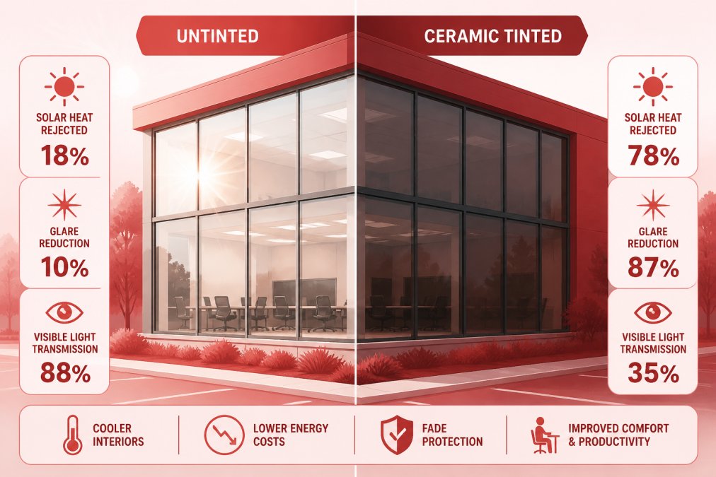 Infographic comparing heat and glare reduction between untinted glass and top commercial window film brands.