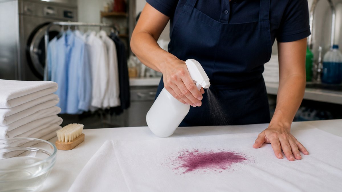 Applying wine stain remover spray to a red wine spill on a white tablecloth in a kitchen