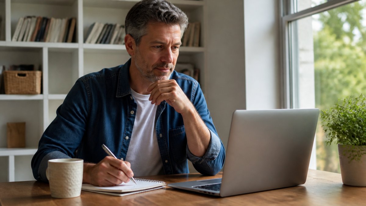 A person in their 40s sitting at a home desk with a laptop, notebook, and coffee, reviewing an online course on screen in a bright room