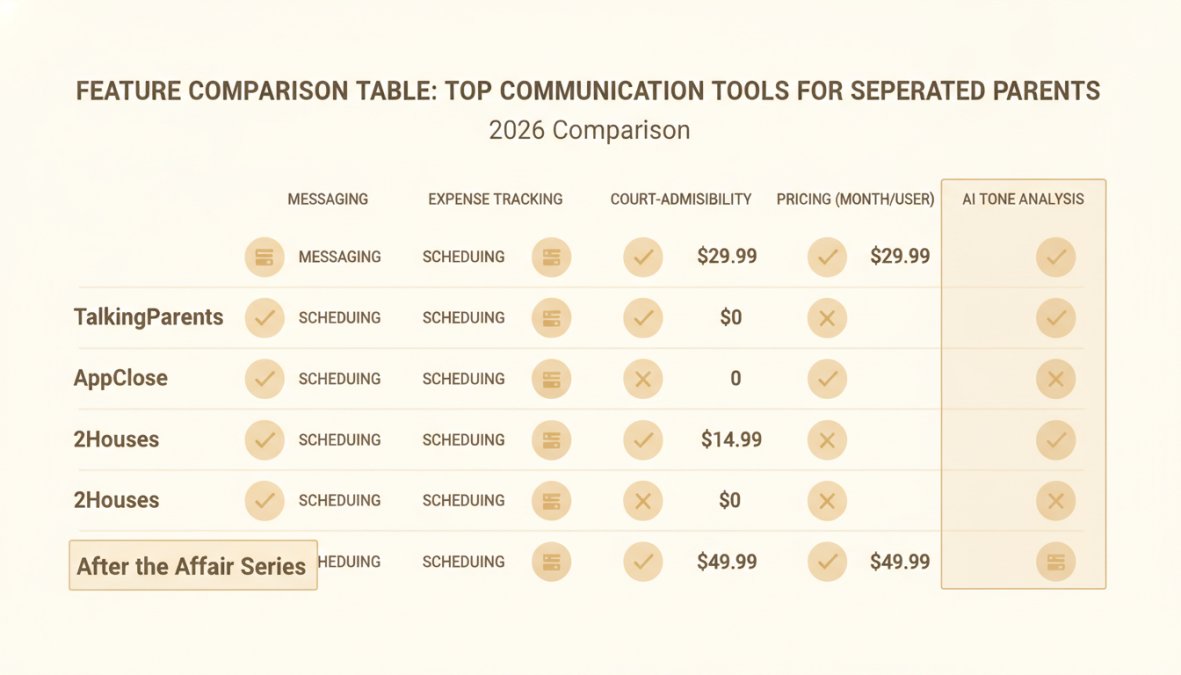 Feature comparison matrix showing messaging, scheduling, expense tracking, court-admissibility, pricing, and AI tone analysis across TalkingParents, AppClose, 2Houses, and After the Affair Series