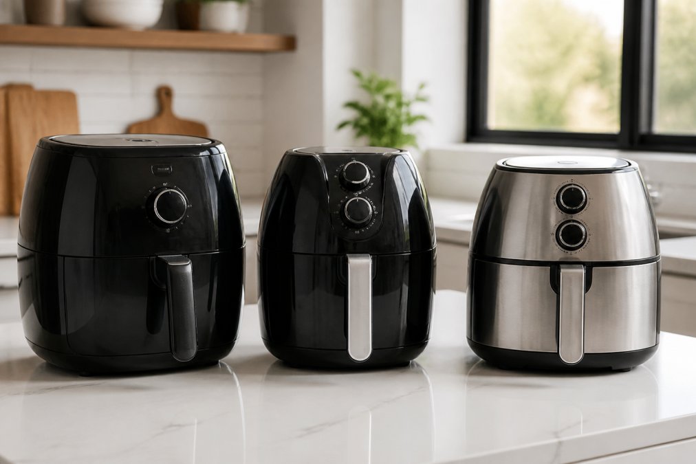 Three compact air fryers lined up on a clean white kitchen countertop, natural daylight from a window highlighting their different sizes and modern finishes