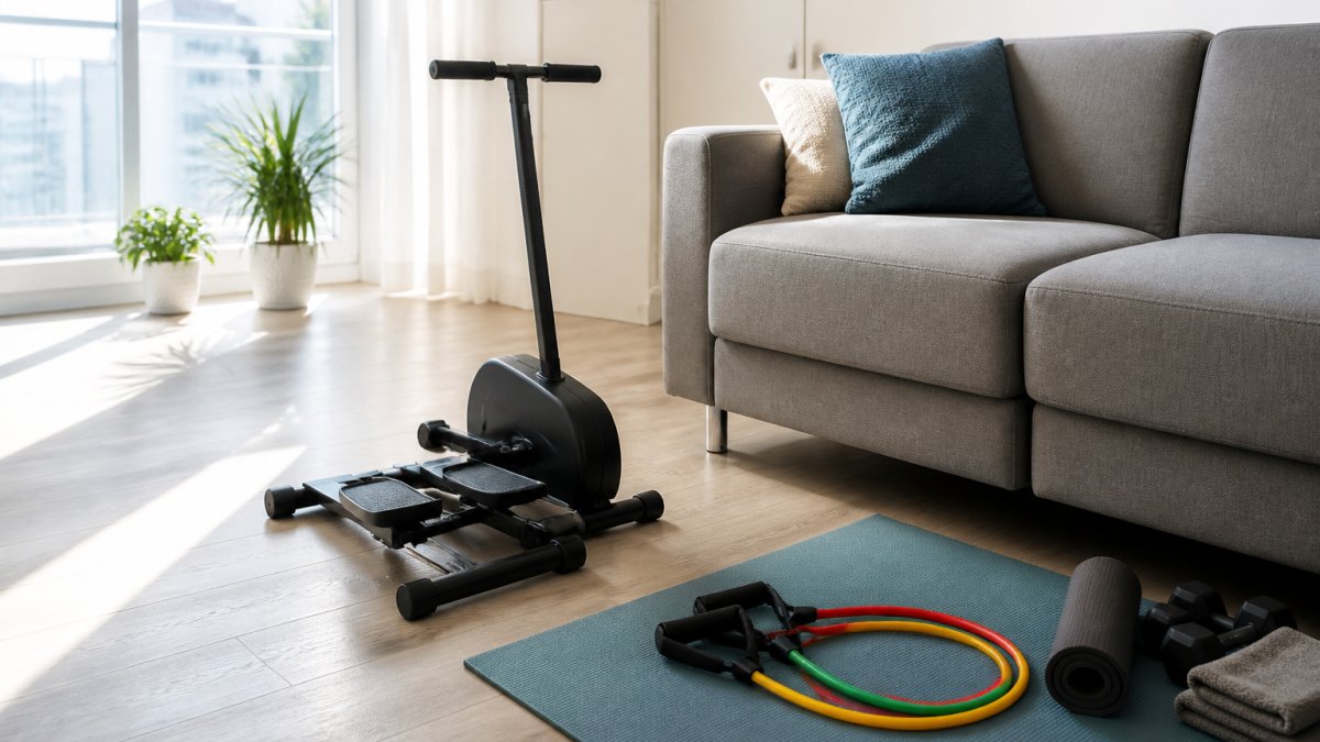 Mini skiing machine and resistance bands on a yoga mat in a sunlit living room apartment