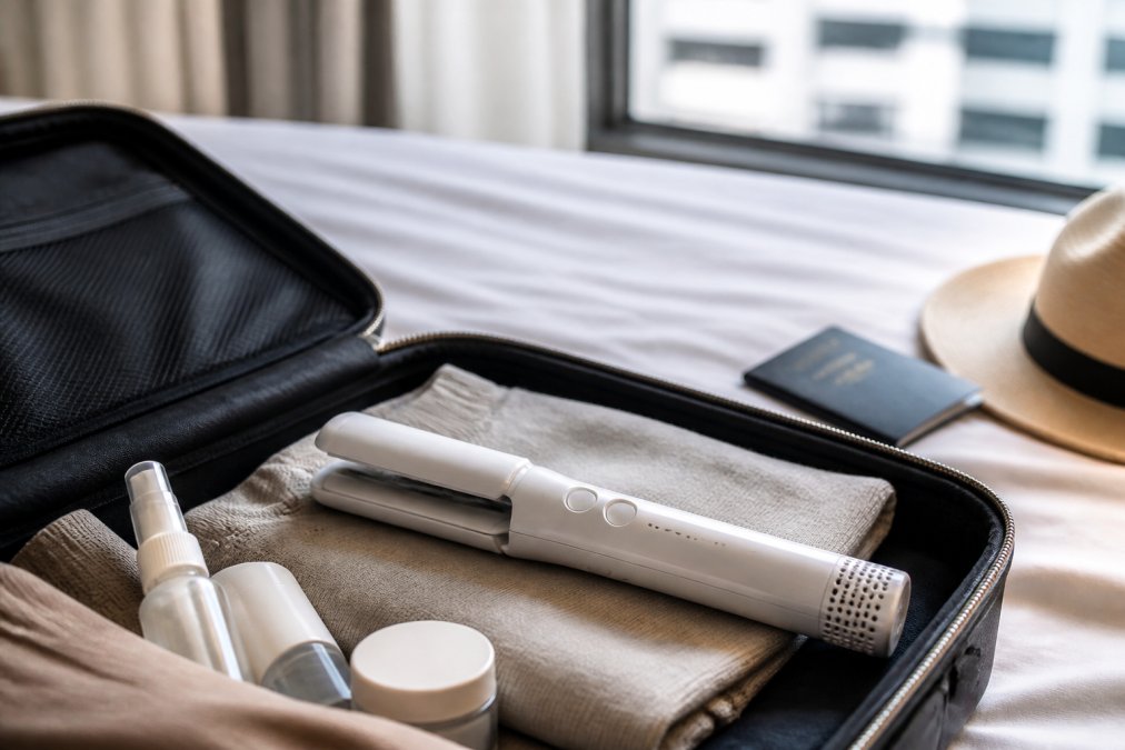 Close-up of a sleek white all-in-one hair styling tool resting on an open suitcase next to travel-size toiletries and a passport on a bed, warm natural window light