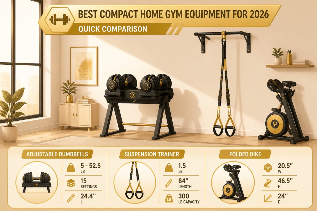 Modern apartment living room with adjustable dumbbells neatly arranged on a stand, a folded stationary bike in the corner, and a suspension trainer hanging from a pull-up bar, morning natural light streaming through windows