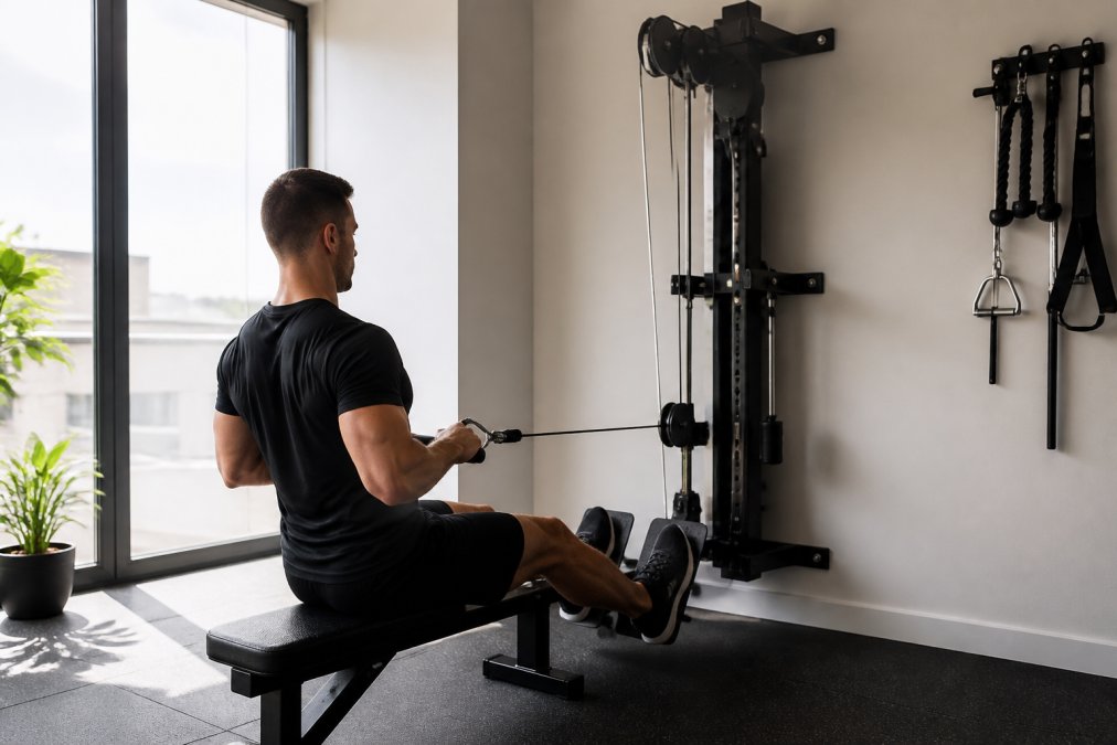 Person performing a cable row exercise with proper posture and form, using a compact cable machine mounted to an apartment wall, with natural morning light and minimal background clutter