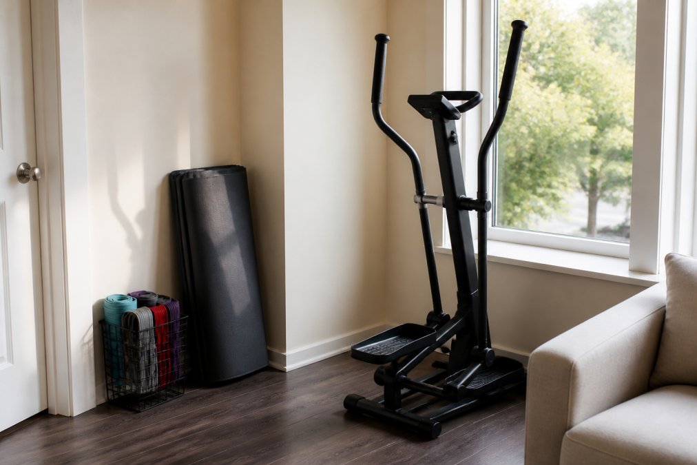 Small apartment corner featuring resistance bands rolled neatly in storage, a compact yoga mat folded against the wall, and a mini fitness skiing machine positioned near a window with natural lighting