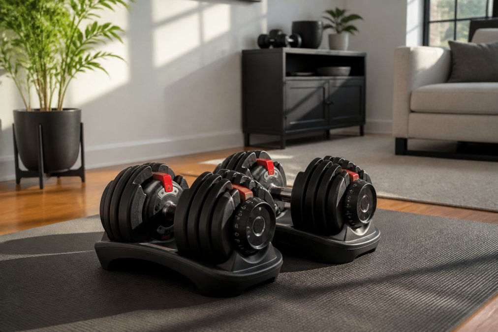 A pair of Bowflex SelectTech adjustable dumbbells resting on their storage tray on a small workout mat in a minimalist apartment living room, morning light coming through a nearby window, clean white walls