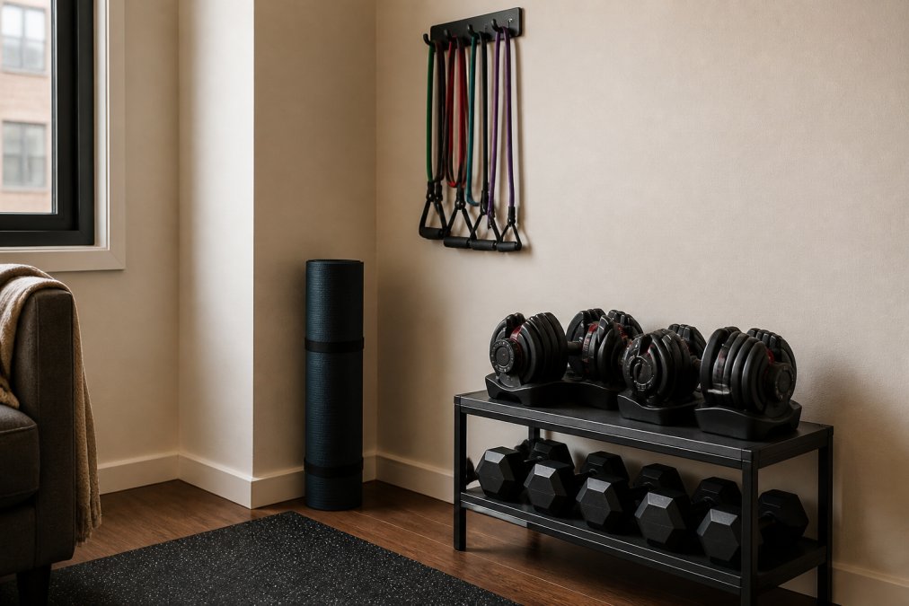 A neatly organized corner of a small apartment with resistance bands hanging on a wall-mounted hook rack, a rolled workout mat standing vertically in a corner, and adjustable dumbbells on a compact two-tier shelf, warm ambient lighting