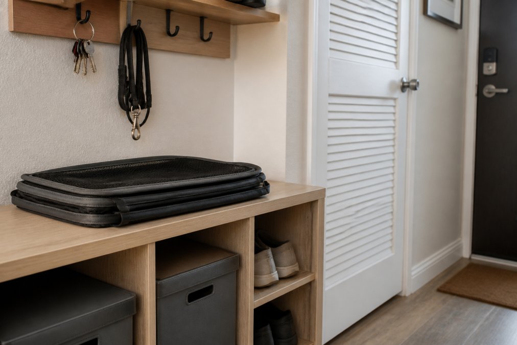 A small apartment hallway with a collapsible cat carrier stored flat on a shelf, next to a leash and keys on a hook